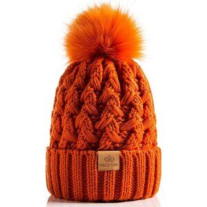Women’s Orange Winter Ribbed Beanie Hat Chunky Cable Knit Pompom Warm